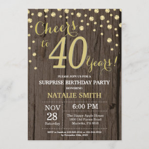 Rustic Wood Gold Surprise 40th Birthday Diamond Kaart
