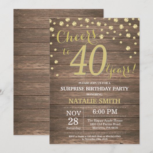 Rustic Wood Gold Surprise 40th Birthday Diamond Kaart (Voorkant / Achterkant)