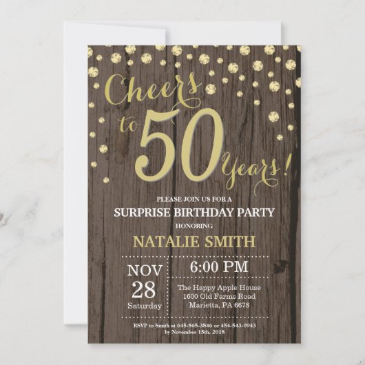 Rustic Wood Gold Surprise 50th Birthday Diamond Kaart (Voorkant)
