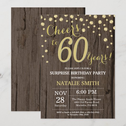 Rustic Wood Gold Surprise 60th Birthday Diamond Kaart (Voorkant / Achterkant)