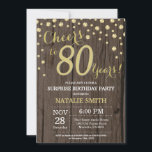 Rustic Wood Gold Surprise 80th Birthday Diamond Kaart<br><div class="desc">Verrassend 80ste verjaardag Uitnodiging met Rustic Wood en Gouden Glitter Diamond Achtergrond. Land  Retro. Goud Confetti. Volwassenverjaardag. Mannelijke Mannen of Vrouwen. Klik voor verdere aanpassingen op de knop "Aanpassen" en gebruik onze ontwerptool om deze sjabloon te wijzigen.</div>