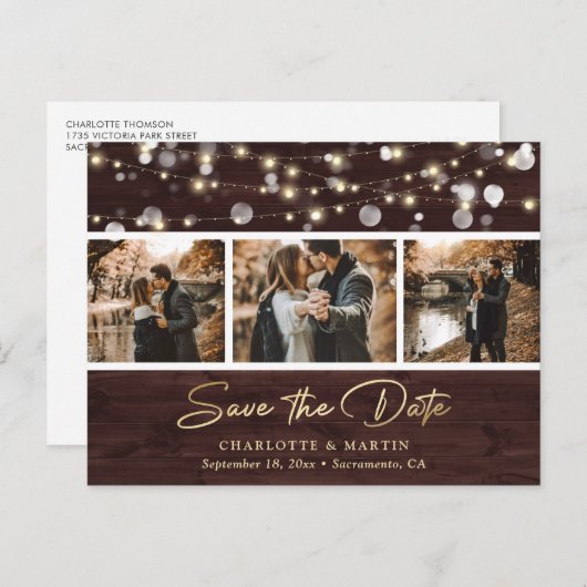 Rustic Wood Gold Wedding Photo Save the Date Aankondigingskaart (Voorkant / Achterkant)