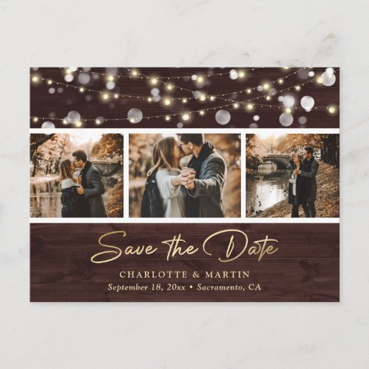 Rustic Wood Gold Wedding Photo Save the Date Aankondigingskaart (Voorkant)