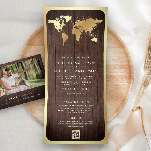 Rustic Wood Gold World Map QR Code Photo Wedding Drieluik Uitnodiging