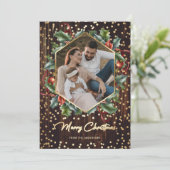 Rustic Wood Gold Wreatfoto-kerstkaarten Feestdagenkaart (Staand voorkant)