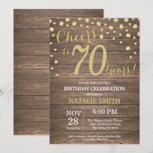 Rustic Wood Goud 70e Verjaardag Diamant Kaart (Voorkant / Achterkant)