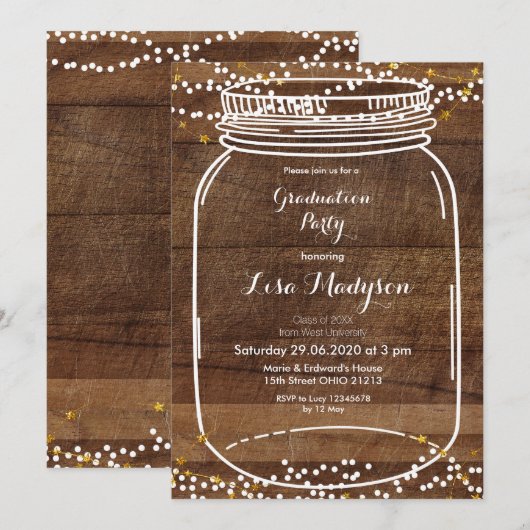 Rustic Wood Graduation Party Invitation Mason jar Kaart (Voorkant / Achterkant)
