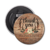 Rustic Wood Grain Floral Antler Weddenschap Button Flesopener (Voorkant)