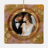 Rustic Wood Grain Floral  First Christmas married Keramisch Ornament (Achterkant)