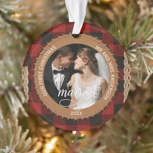 Rustic Wood Grain Plaid First Christmas Married  Ornament (Boom)