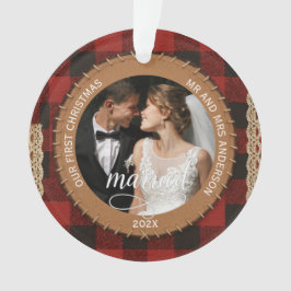 Rustic Wood Grain Plaid First Christmas Married  Ornament