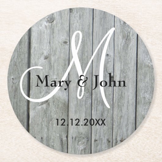 Rustic Wood Gray Wedding Monogram Ronde Kartonnen Onderzetter (Voorkant)
