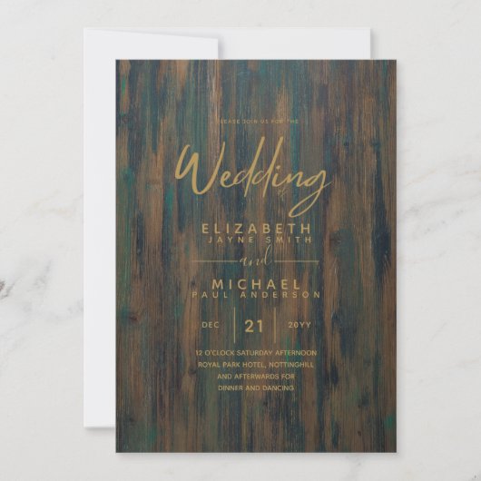 Rustic Wood Green Gold Wedding Invites Kaart (Voorkant)