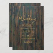 Rustic Wood Green Gold Wedding Invites Kaart (Voorkant / Achterkant)