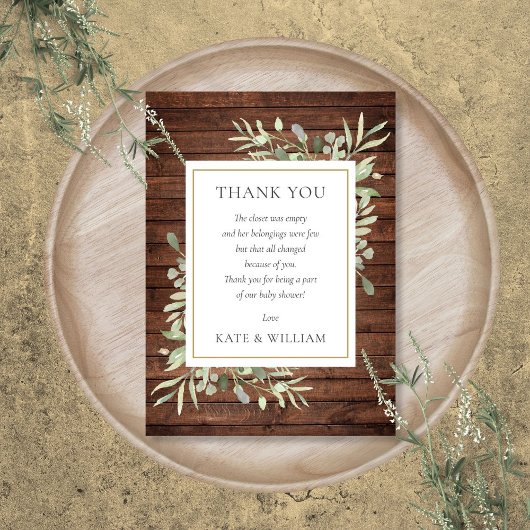 Rustic Wood Greenery Baby shower Poem Bedankkaart