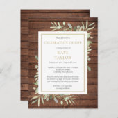Rustic Wood Greenery Celebration of Life Funeral Aankondigingskaart (Voorkant / Achterkant)