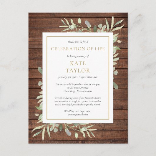 Rustic Wood Greenery Celebration of Life Funeral Aankondigingskaart (Voorkant)