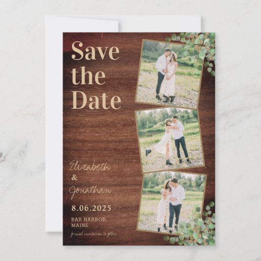 Rustic Wood Greenery Eucalyptus Photo Collage Save The Date (Voorkant)
