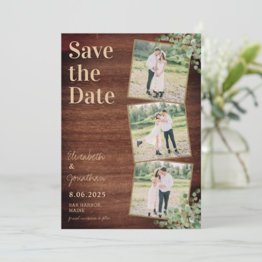 Rustic Wood Greenery Eucalyptus Photo Collage Save The Date (Staand voorkant)