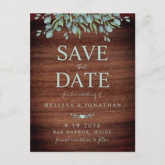 Rustic Wood Greenery Eucalyptus Save the Date Aankondigingskaart (Voorkant)