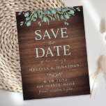 Rustic Wood Greenery Eucalyptus Save the Date Briefkaart<br><div class="desc">Save the date! Maak je huwelijk bekend met vrienden en familie met dit bijtende hout en eucalyptusbladeren, en sla de datumkaarten op. Personaliseer met namen, trouwdatum, locatie. Voeg andere informatie op de rug toe. Deze unieke botanische groenery bruiloft met de kaarten zal een blijvende indruk maken, je gasten zullen ervoor...</div>