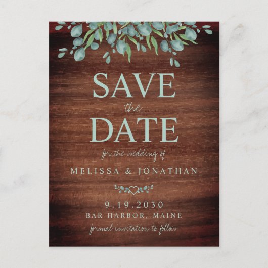 Rustic Wood Greenery Eucalyptus Save the Date Briefkaart (Voorkant)