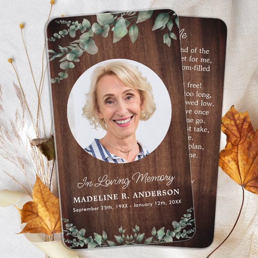 Rustic Wood Greenery Funeral Prayer Kaart Memorial Contactkaartje