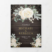 Rustic Wood Greenery Gold Ivory Floral Wedding Drieluik Uitnodiging (Cover)
