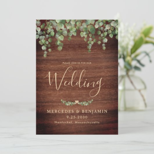 Rustic Wood Greenery Gold QR Code Wedding Kaart (Staand voorkant)