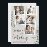 Rustic Wood Greenery kerstfoto Boet Collage Feestdagenkaart<br><div class="desc">De bijtende fotokaart van de vakantie met twee stroken van de fotocabine, één met drie foto's en een andere met twee foto's, voor een totaal van vijf foto's. Pas het jaartal en uw familienaam of namen aan in het moderne sans-serif schrift, op een houten achtergrond met groene waterverf groene bladeren...</div>