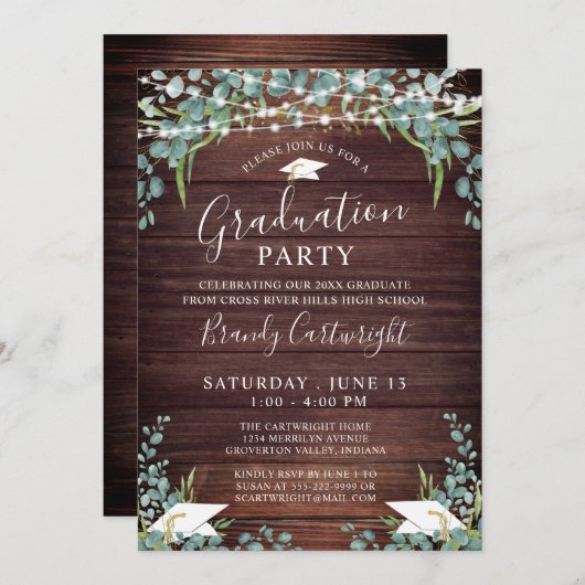 Rustic Wood Greenery String Lights Afstuderen Kaart (Voorkant / Achterkant)