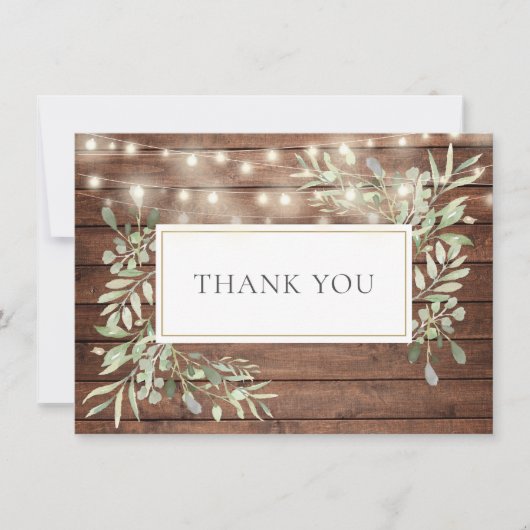 Rustic Wood Greenery String Lights Dank u Bedankkaart (Voorkant)