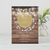 Rustic Wood Greenery String Lights Wedding Kaart (Staand voorkant)