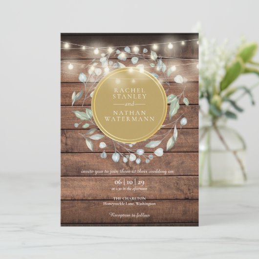Rustic Wood Greenery String Lights Wedding Kaart (Staand voorkant)