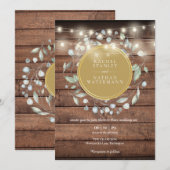 Rustic Wood Greenery String Lights Wedding Kaart (Voorkant / Achterkant)
