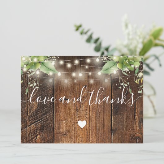 Rustic Wood Greenery String Lights Wedding Photo Bedankkaart (Staand voorkant)