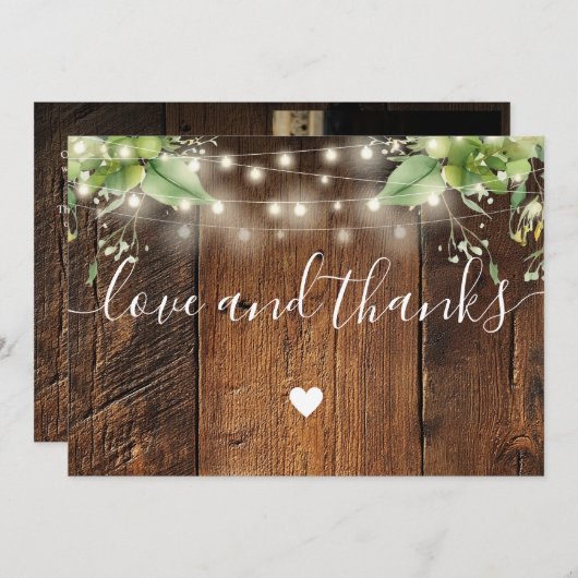 Rustic Wood Greenery String Lights Wedding Photo Bedankkaart (Voorkant / Achterkant)