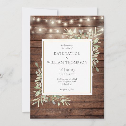 Rustic Wood Greenery String Lights Wedding Photo Kaart (Voorkant)