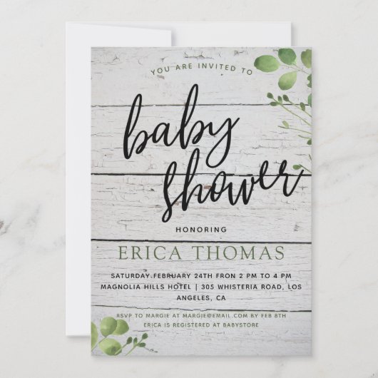 Rustic Wood Greenery Typografie Baby shower Invite (Voorkant)