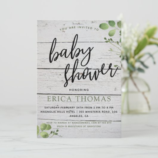 Rustic Wood Greenery Typografie Baby shower Invite (Staand voorkant)