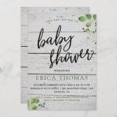 Rustic Wood Greenery Typografie Baby shower Invite (Voorkant / Achterkant)