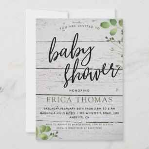 Rustic Wood Greenery Typografie Baby shower Invite