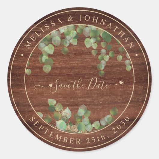 Rustic Wood Greenery Wedding Save the Date Ronde Sticker (Voorkant)