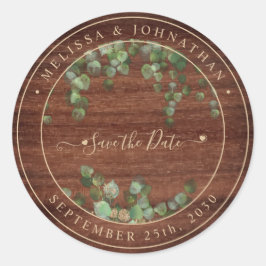 Rustic Wood Greenery Wedding Save the Date Ronde Sticker