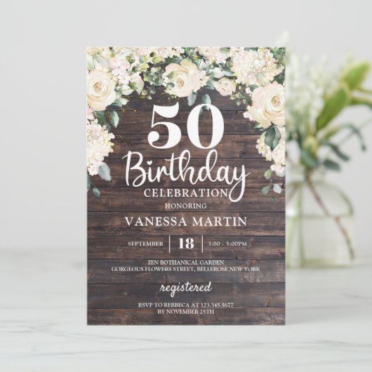 Rustic wood greenery white floral 50th jarig kaart (Staand voorkant)