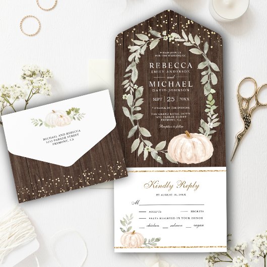 Rustic Wood Greenery White Pumpkin Fall Wedding All In One Uitnodiging