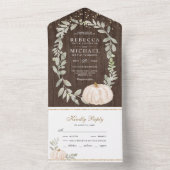 Rustic Wood Greenery White Pumpkin Fall Wedding All In One Uitnodiging (Binnen)