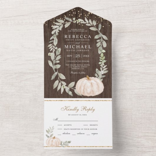 Rustic Wood Greenery White Pumpkin Fall Wedding All In One Uitnodiging (Binnen)