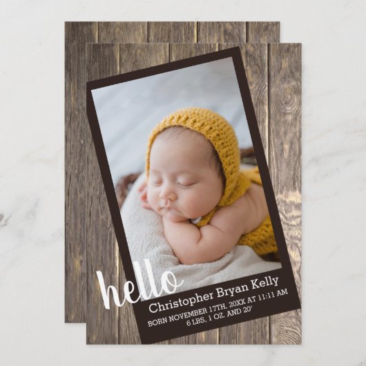 Rustic Wood Hallo geboorte Aankondiging (Voorkant / Achterkant)