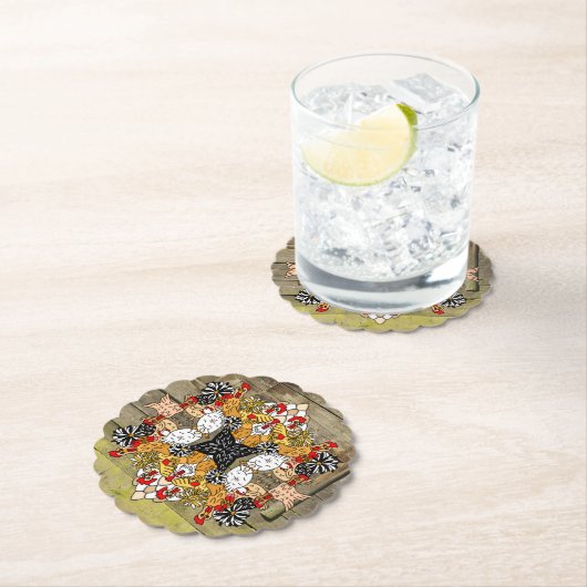 Rustic Wood Hand Drawn Funny Cartoon Chicken Art Kartonnen Onderzetters (Insitu)